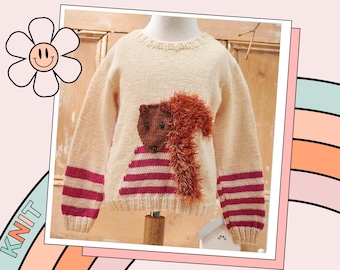 May include: A cream-colored knitted sweater with red and white stripes on the sleeves and a brown and orange squirrel applique on the front.