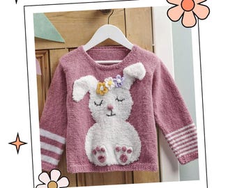 May include: A pink knitted sweater with a white bunny applique. The bunny has a flower crown and closed eyes. The sweater has white stripes on the sleeves.