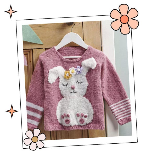 Kids Bunny Sweater Knitting Pattern, Childs Easter Jumper (PDF download English)