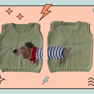 May include: A green knitted sleeveless vest with a brown dachshund applique. The dachshund is wearing a blue and white striped shirt and a red scarf. The vest has a ribbed neckline and armholes.