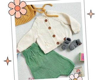 May include: A knitted baby outfit set in cream, green, and gray. The set includes a cardigan with button closures, a pair of pants, and a pair of booties.