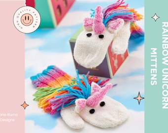 May include: A pair of rainbow unicorn mittens with white knit unicorn faces and black button eyes. The mittens have a rainbow yarn mane and tail.