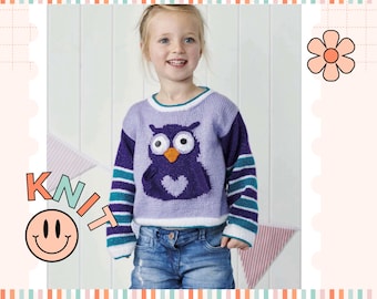 May include: A purple and lavender knitted sweater with a purple owl design on the front. The owl has large white eyes and a small orange beak. The sweater has teal and purple stripes on the sleeves.