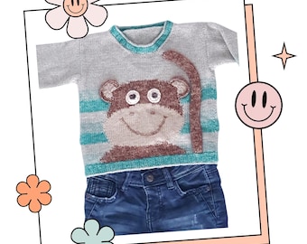 Cheeky Little Monkey Sweater, Simple Kids Monkey Animal Motif Pullover Knitting Pattern - DOWNLOAD