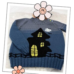 Kids Halloween Jumper Knitting Pattern with Ghost Mittens, Haunted House Pocket, PDF Download