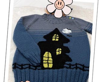Kids Halloween Jumper Knitting Pattern with Ghost Mittens, Haunted House Pocket, PDF Download