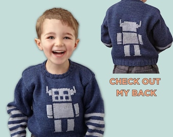 Simple Intarsia Robot Jumper Knitting Pattern for Boys and Girls (PDF Download English)