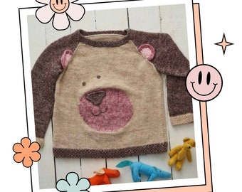 Bear with Me Teddy Jumper, Childs Knitting Pattern Kids Sweater - Download