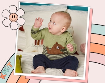 Teddy Jumper, Waving Teddy Bear Stripey Baby Sweater Knitting Pattern - Download