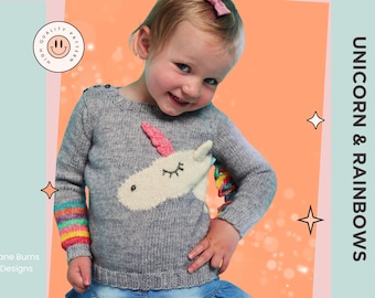Kids Unicorn and Rainbows Sweater Knitting Pattern (Digital Download English)