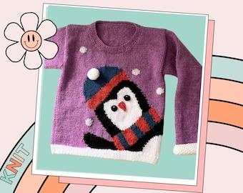 Peeking Penguin, Kids Christmas Jumper Knitting Pattern - DOWNLOAD
