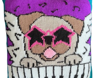 Elton Bone Pug Cushion Knitting Pattern: Music Lover Gift (DOWNLOAD)