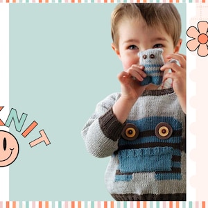 May include: A child wearing a gray and blue knitted sweater with a brown and blue monster design. The sweater has brown buttons for eyes. The child is holding a small blue knitted monster toy.