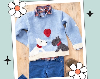 Kids Puppy Love Jumper, Simple Dog Motif Sweater Knitting Pattern (PDF download English)