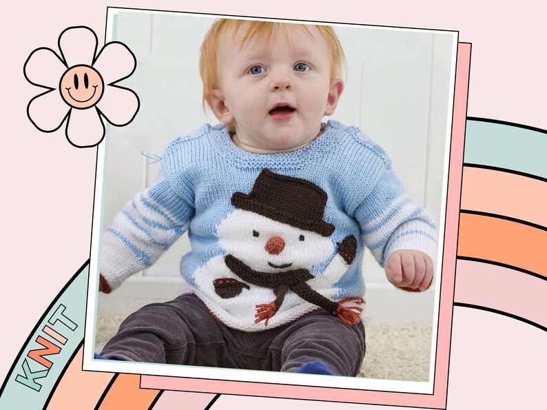 my first christmas jumper, baby christmas jumper with snowman intarsia motif wearing a top hat and scarf, christmas sweater for baby jane burns