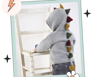 Knitted Dinosaur Hooded Cardigan Pattern, Kids Jumper (PDF Pattern)