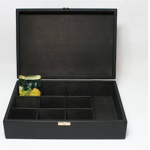 Wooden Tea Box / 10 Compartment Box / Black Box / Wooden Keepsake Box / Jewelry Box / Collection Storage Box / Favor Box / Tea Organizer