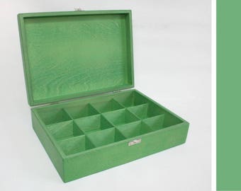 Green Wooden Tea Box: 12 Compartment Keepsake Jewelry Box