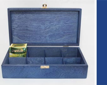 Wooden Tea Box / Wooden 8 Compartments Box / Blue Wooden Box / Keepsake Box / Jewelry Box / Blue Box / Baby Shower Gift Box / Tea Organizer