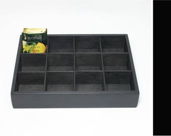 Wooden Tea Box: Black Plywood Storage Box with 12 Compartments