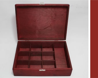 10 Compartments Wooden Tea Box / Red Box / Wooden Keepsake Box / Jewelry Box / Collection Box / Personalized Box Option / Plywood Box