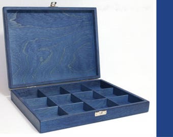 Blue Collection Box / 12 Compartments Box / Keepsake Box / Jewellery Box / Storage Box / Keepsake Box / Blue Wood Box