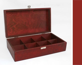 8 Compartments Wooden Box / Red Wooden Box / Wooden Tea Box / Keepsake Box / Jewelry Box / Tea Storage Box / Personalized Box Option
