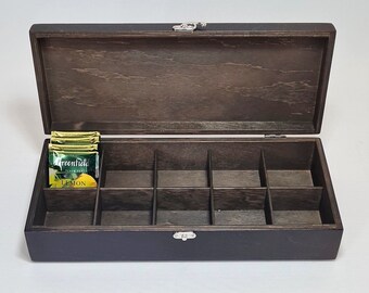 10 Compartments Wooden Tea Box / Dark Brown Jewelry Box / Plywood Box / Wooden Keepsake Box / Storage Box / Collection Box