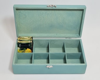 Wooden Tea Box / Wooden 8 Compartments Box / Light Blue Wooden Box