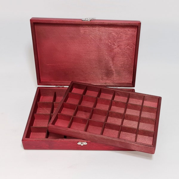 Collection Storage Box / 48 Compartment Box / Red Collection Box with Removable Layer / Multiple Compartment Box  / Collection Display Box