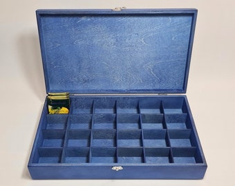 24 Compartment Blue Wooden Tea Box – Tea Organizer, Jewelry or Keepsake Storage, Personalized Option