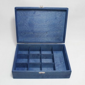 Caja de té de madera azul con 10 compartimentos / Caja de almacenamiento azul / Caja de madera para recuerdos / Caja de joyería / Caja de colección / Caja personalizada
