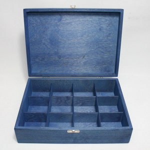 12 Compartments Blue Wooden Tea Box / Blue Storage Box / Wooden Keepsake Box / Jewelry Box / Collection Box / Personalized Box Option