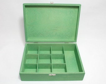 Caja de té de madera de 10 compartimentos / Caja verde / Caja de recuerdos de madera / Joyero / Caja de colección / Opción de caja personalizada / Organizador de té