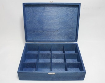 Caja de té de madera azul de 12 compartimentos / Caja de almacenamiento azul / Caja de recuerdos de madera / Caja de joyería / Caja de colección / Opción de caja personalizada