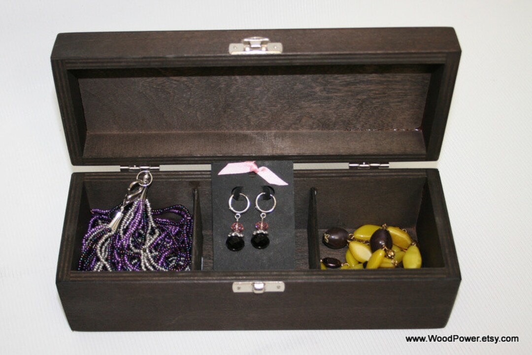 Dark Brown Jewelry Box / 3 Compartments Box / Wooden Tea Box / Keepsake
