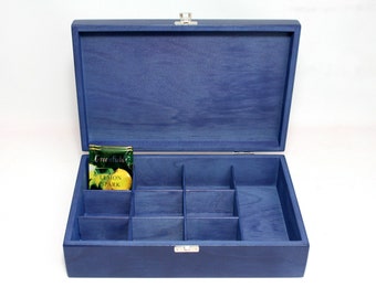 10 Compartments Dark Blue Wooden Tea Box / Jewelry Box / Collection Box / Personalized Box