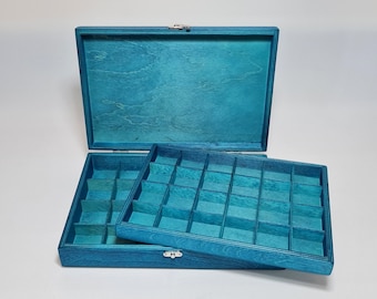 Turquoise Collection Box: 48 Compartment Wooden Storage