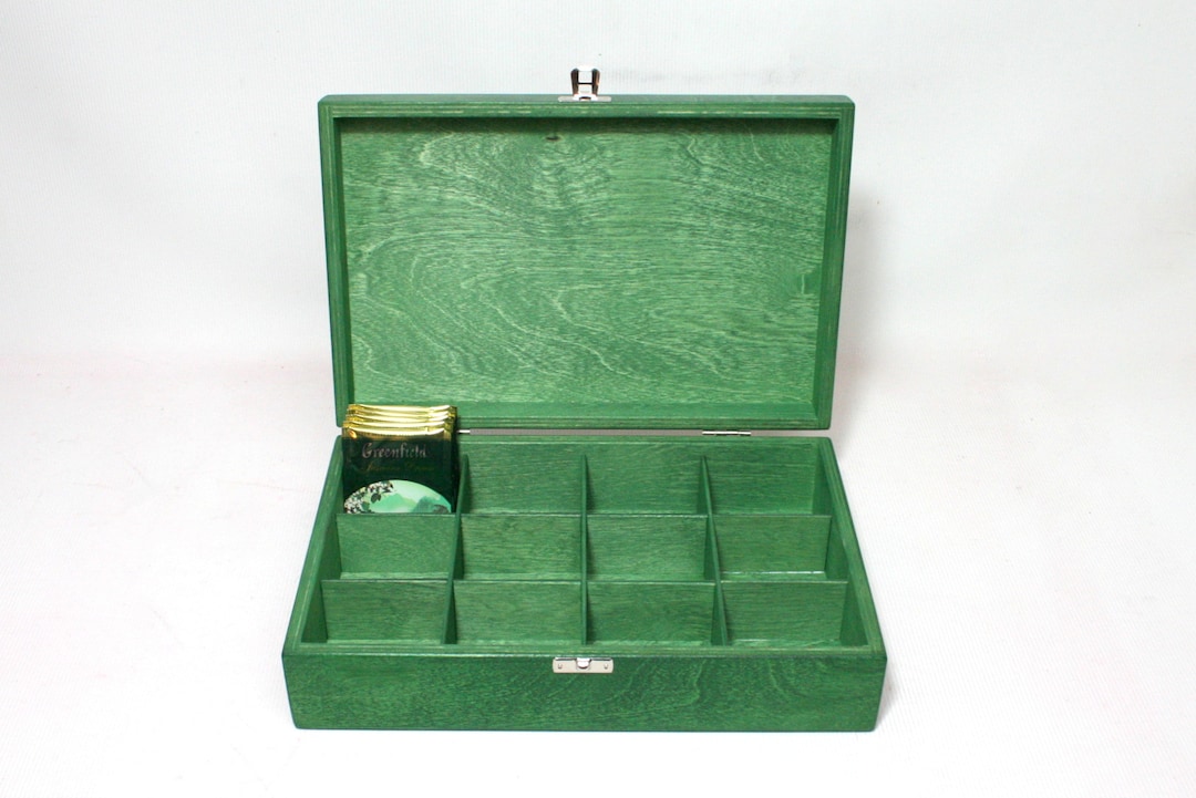 Dark Green Wooden Tea Box: 12-compartment Organizer - Etsy