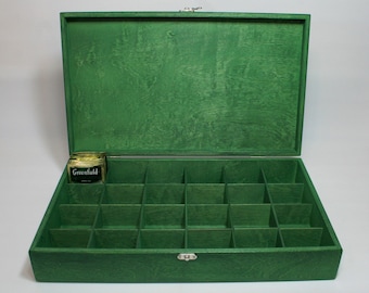 Dark Green Wooden Tea Box: 24 Compartment Tea Organizer