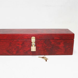 Red Stained Wooden Wine Box with Padlock: Keepsake Box