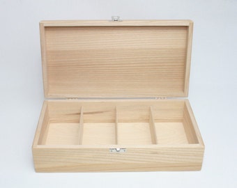 Wooden Tea Box with 4 Compartments / Keepsake Box / Wooden Jewelry Box / Ash Wood Box / Natural Wood Box / Storage Box / Collection Box