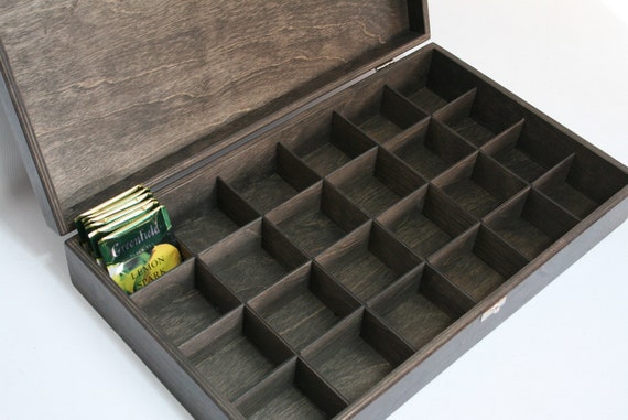 24 Compartments Dark Brown Wooden Tea Box / Tea Organizer / Personalized Box  Option 