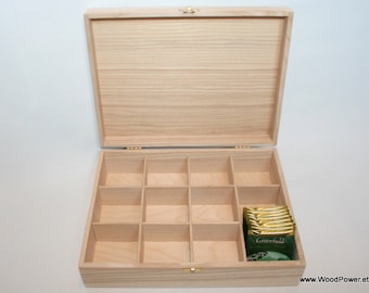 12 Compartments Wooden Box / Ash Wood Box / Wooden Tea Box/ Keepsake Box / Wooden Jewelry Box / Storage Box / Collection Box
