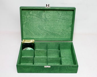 10 Compartments Tea Box / Dark Green Box / Wooden Keepsake Box / Jewelry Box / Collection Box / Personalized Box / Tea Organizer