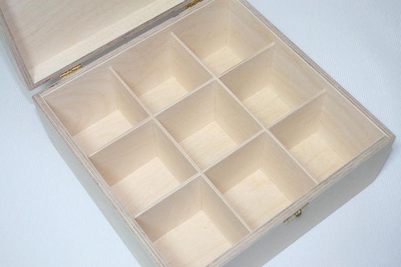 Wooden Box for DIY Projects / 9 Compartment Box / Unfinished Wooden Box 9.64 x 9.64 x 4.33 inch other dimensions available image 2