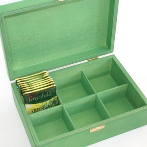 Wooden Tea Box / 6 Compartments Box / Wooden Keepsake Box / Jewelry Box / Green Box / Plywood Box / Tea Organizer image 2