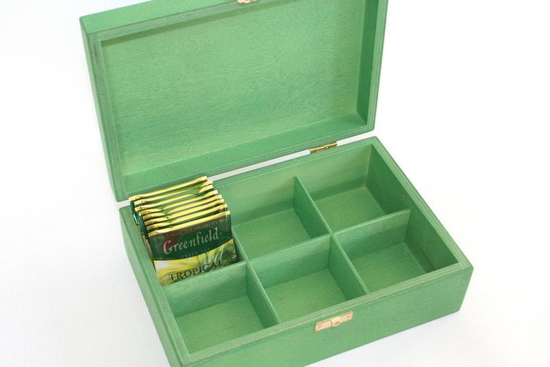 Wooden Tea Box / 6 Compartments Box / Wooden Keepsake Box / Jewelry Box / Green Box / Plywood Box / Tea Organizer image 2