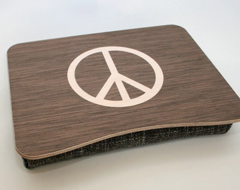 Wooden Laptop Bed Tray: Peace Sign Inlay, Padded Base