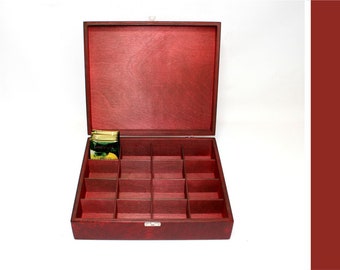 16 Compartments Wooden Tea Box / Red Box / Wooden Keepsake Box / Jewelry Box / Collection Box / Personalized Box Option / Favor Box / Gift